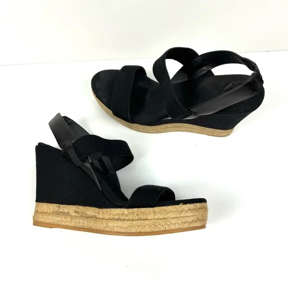 TORY BURCH Solid Black Two Band Canvas Espadrille Wedge Platform Sandals Sz 10.5 - Picture 2 of 9